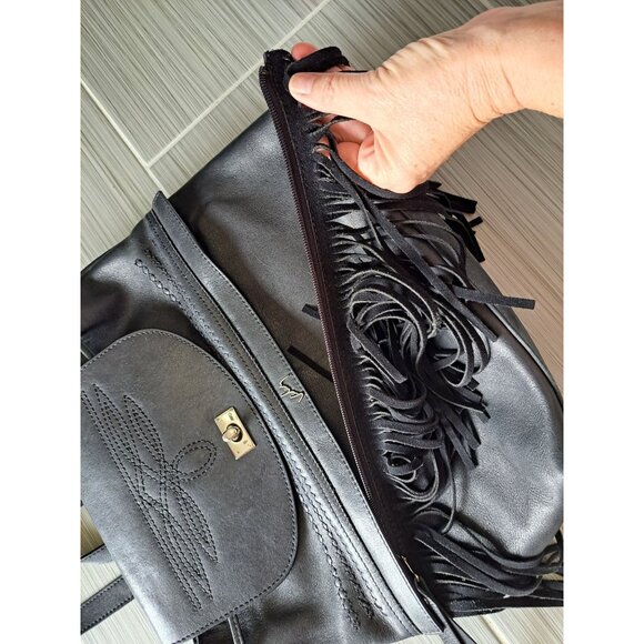 Valez Black Fringe Leather Backpack Embroidered Flap Turn-Lock Closure Large - Picture 7 of 16